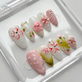 Luxury Press on Nails Medium Almond Handmade 3D Unique Reusable ABS Material Fake Nails White&Pink False Nails with Designs Pink Floral Pearls Glossy Glue on Nail Thick Acrylic Nail(S)