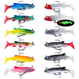 Pack of 12 Rubber Fish Fishing Lures Fishing Accessories Bionic Bait Rubber Bait Set Double Hook T-Tail Soft Bait Built-in Leader Block Fishing Lure