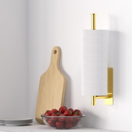 Paper Towel Holder Under Cabinet - 1 Pack Brushed Gold, Self-Adhesive or Drilling Mount, Sturdy Stainless Steel Space-Saving Rack for Kitchen, Bathroom, RV, Rental-Friendly Design