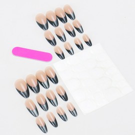 French Almond Press On Nails Nude Fake Nails With Green French Tip Acrylic Nails Press Ons Reusable Glossy Medium Full Cover False Nails With Glue Artificial Stick On Nails For Women Nail Supplies