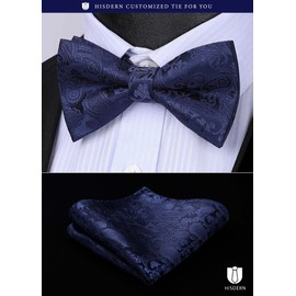 HISDERN Men's Bowtie, One-Touch Bowtie, with Chief, Adult, Weddings, Hook Type, Easy to Put on and Take Off, Adjustable, 17 Navy (Paisley)
