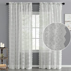 Kotile Lace Curtains 96 Inches Long - Rustic Branch Floral Lace Curtains for Living Room, Privacy Vintage Lace Curtains for Windows, Ivory Sheer Lace Curtain Panels 52 x 96 Inch, 2 Panels, Ivory/Cream
