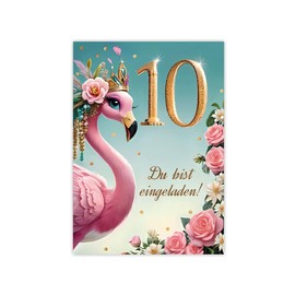 JuNa-Experten 12 Einladungskarten incl. 12 Umschläge zum 10. Kindergeburtstag Mädchen Flamingo coole bunte Einladungen zehnte Geburtstag Mädchengeburtstag