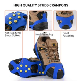 XYZLH Ice Cleats, Ice Grips Traction Cleats Grippers Non-Slip Over Shoe/Boot Rubber Spikes Crampons with 10 Steel Studs Crampons + 10 Extra Replacement Studs (Blue, Medium)