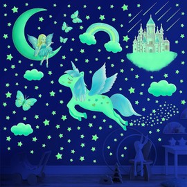 Gretion Glow in The Dark Stars for Ceiling,Unicorn Wall Decals Stickers for Girls Bedroom Glow in The Dark Stickers Vinyl Unicorn Castle Room Wall Decor for Baby Kids Girls Nursery Playroom Mural