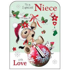 Niece Christmas Card - Special Niece - Dog, Cat and Bauble - Festive Design - Special Finishes and Illustrated Insert Leaf - Made in the UK