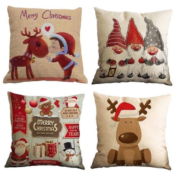 Freeas Set of 4 Christmas Pillow Cover Cotton Linen Decorative Print Christmas Tree,Christmas Deer,Santa Claus, Lovely Boy Sofa Cushion Cover for Home Christmas Favor, 18 by 18 Inches