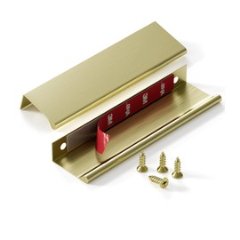 Satanga Edge Finger Pulls for Cabinets Peel and Stick on Kitchen Drawer Pull Hidden Invisible Flat Self Adhesive No Drill Handle Pack of 10 Brushed Brass 5 Inch Overall Length Easy Installation