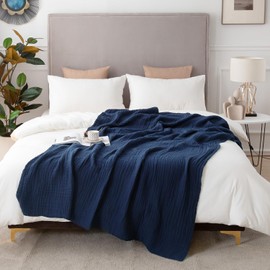 EMME Cotton Muslin Blanket King Size - Soft, Breathable Layering Blanket, 108"x90", All Season Gauze, Navy