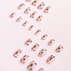 Christmas Press on Nails Square Short Fake Nails Pink False Nails with Christmas Tree Designs Full Cover Stick on Nails Acrylic Xmas Winter Artificial Nail Sock Crutches Glue on Nails for Women 24Pcs