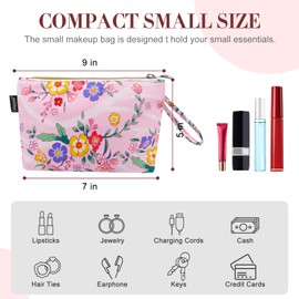 Gloppie Small Makeup Bag for Purse - Cosmetic Bags for Women - Sunscreen bag - Pink Floral Makeup Pouch with Handle