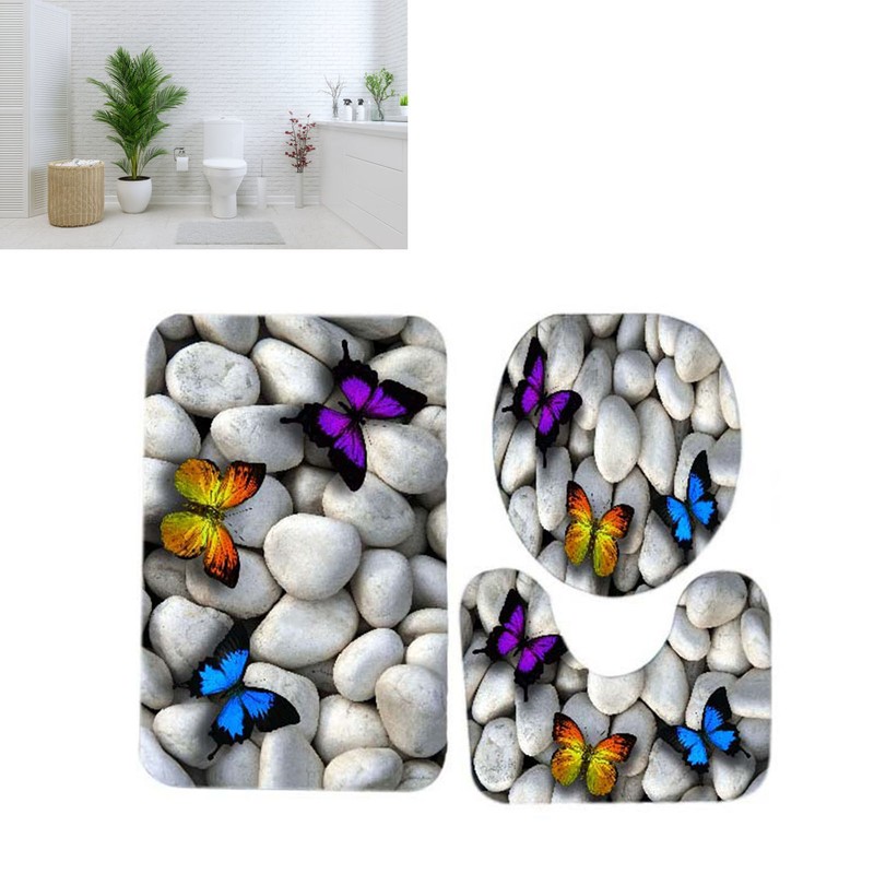 3pcs Toilet Seat Mat Set 10MM Sponge Butterfly Pebble Pattern