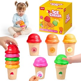 JoyCat Ice Cream Toy Set for Toddlers 1-5, Color Sorting & Stacking Toys, Pretend Play Food for Boy Girls Kids, Educational Fine Motor Skills Gift (5 Cones 5 Scoops)