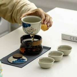 Floral-themed Portable Tea Set, 1 Ceramic Teapot and 3 Mini Cups, Tea Set for One to Three, Tea Gift for Tea Lovers (Lotus)