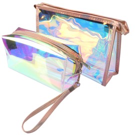 2pcs Transparent Travel Bag, Ladies Laser Cosmetic Bag, Portable Waterproof Cosmetic Bag, PVC Cosmetic Wash Bag, Fashion Transparent Dispenser Bag
