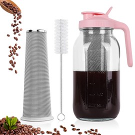 Cold Brew Coffee Maker，64 oz Wide Mouth Mason Jar Pitcher with Stainless Steel Filter, Pour Spout Handle Lid, Heavy Duty Glass Airtight & Leak-Proof for Iced Coffee & Tea Lemonade-Pink