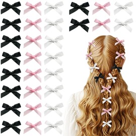 30 Pieces Mini Bow Hair Clips – Pink, White, Black Ribbon Barrettes for Women & Girls – Non-Slip Hair Accessories
