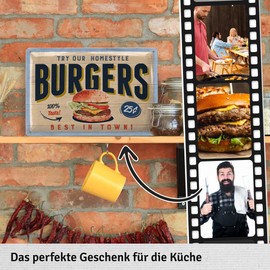 LANOLU Retro Tin Signs Kitchen – Burgers – Tin Sign BBQ Grill Sign – Retro Decoration Vintage – Barbecue Area, Garden, Bar, Kitchen Decoration – Metal Signs in 20 x 30 cm