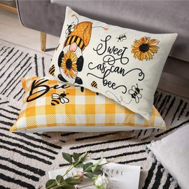 Weldomcor Bee Cushion Covers 30 x 50cm, Set of 2 Pillow Case Cotton Linen Pillow Cover Home Decorative for Sofa Outdoor Garden Bed Couch Cushions