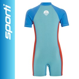 Sporti Kids Full Wetsuits - Seaskin Wetsuit for Boys Girls - Neoprene Thermal Swimsuits for Swim Practice - Short Sleeve Thermal Swimsuit - UPF 50 Minnow Short Sleeve - Splash Blue/Tomato Red - 9/10