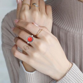 DALEGEM Natural Round Turquoise Stone Ring,S925 Sterling Silver Real Genuine Crystal Quartz Gemstone Stone Ring Jewelry (A04_Red Turquoise, 10)