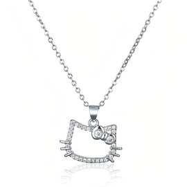 EAVUYIS Diamond Cat Necklace Sterling Silver Cute Cubic Zirconia Bow Kitten Pendant Necklace Funny Cartoon Animal Cat Necklace Chain Jewellery Gifts for Women Teenage Girls
