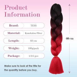 Tess Jumbo Braids, Hair Extensions, 60 cm, Kanekalon Synthetic Hair for Braiding, Box Braids, 100 g/Bundle, Pack of 1, Black/Red Ombre