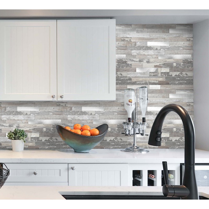5 - Sheets Peel and Stick Wood Metal Tile Backsplash,