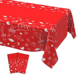 Valentines Day Tablecloth, 2PCS Valentines Tablecloth, 54x108Inch Disposable Red Valentine Tablecover, Plastic Rectangle Love Heart Table Cover for Valentines Day Wedding Anniversary Party Decorations