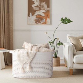 OIAHOMY 108L Extra Large Blanket Basket, 25”x16”x16” Rectangle Woven Cotton Rope Baskets for for Living Room, Toy Storage with Handle- Light Yellow & White