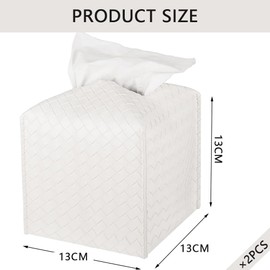 PU Leather Tissue Box Cover – Square Tissue Holder with Braided Pattern and Bottom Strap, Modern Facial Tissue Organizer for Bathroom, Car, Office, Tabletop, Pearl White