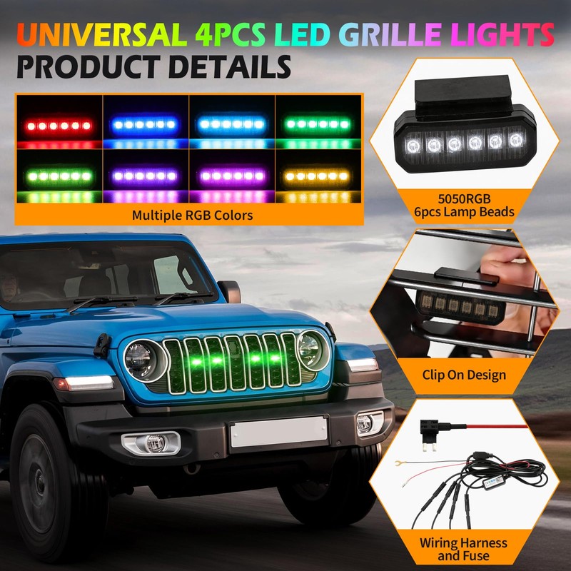 4PCS LED RGB Grille Lights, Universal Clip-On Front Grill Lights