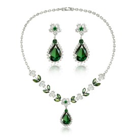 AMYJANE Women's Wedding Jewelry Sets for Bridal Bridesmaid Sparkly Rhinestone Leaf Cluster Olive Green Teardrop Pendant Necklace Dangle Drop Earrings for Party Prom