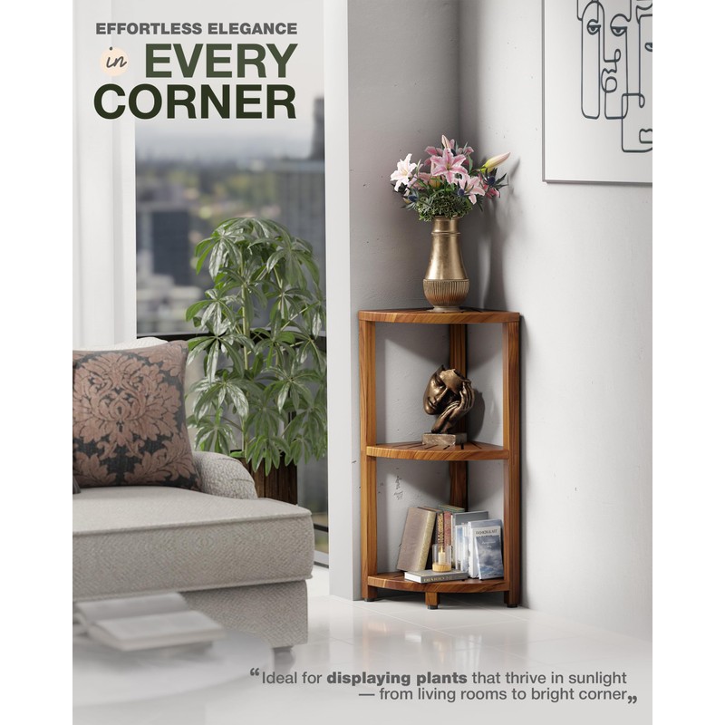 BLUEWEST 3-Tier Corner Shower Caddy Stand, Wood Shower Organizer Standing