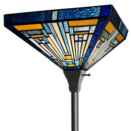 Capulina Tiffany Torchiere Floor Lamp, 70 Inches Tall Industrial Blackish Bronze Pole Blue Amber Rustic Style Stained Glass Torch Standing Light for Living Room Bedroom Home Office