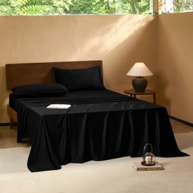 EVERLY King Sheets Set,Luxuriously 400 Thread Count Organic Rayon Derived from Bamboo Bed Sheet Set,Cooling Sheets for King Size 4 Piece Deep Pockets Bedding Sheets& Pillowcases-Black