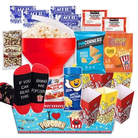 POPCORN LOVER Movie night Gift Basket care package - for family or Birthday gift snack variety or Popcorn seasoning, w/Hot Air Popcorn maker & Funny socks, the Ultimate gift box