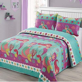 2 pc Twin Size Quilt Bedspread Kids/Teens Mermaid Dolphin Under The sea Branches Sea Life Purple Pink Teal Girls Multicolor Bedding New