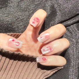 Generic 30PCS Pink Cat Press on Nails,Pink Press on Nails Short for Girls and Women,Fake Nails Kit with Glue Jelly Glue Stick Mini File and Wet Wipes