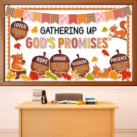 Fall Religious Bulletin Board Set Autumn Squirrels Classroom Decorations Bible Verse Gathering Up God's Promises Paper Cutouts for Thanksgiving Home Christian School Church Chalkboard Wall Door Decor