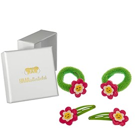 HAARallerliebst Hair Accessories Set (4 Pieces | Hand-Painted Flowers | Pink Green) for Girls with Storage Box (Box Colour: White)
