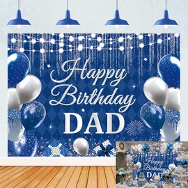 Happy Birthday Dad Backdrop Blue Silvery Glitter Balloons Fathers Birthday Father's Day Party Photography Background Mens Daddy Family Party Decor Banner Photo Booth Props (6x4FT)
