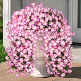 Ewaycom 2 Pack Artificial Hanging Flowers Fake Silk Plants Long Vine Morning Glory Eucalyptus 12 Fork UV Resistant Realistic Faux Greenery for Home Garden Spring Summer Outdoor Decoration (Pink)