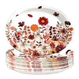 50Pcs Fall Wildflower Oval Paper Plates 10" x 12" Large Disposable Heavy Duty Watercolor Autumn Pumpkin Sunflowers Wild Floral Dessert Platters for Thanksgiving Lunch Dinner Birthday Party Supplies