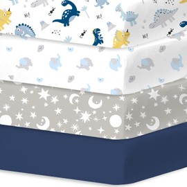 Little Grape Land Cot Sheets Fitted 60cm x 120cm, 4 Pack Baby Fitted Sheets for Boys Girl, Universal Fitting Cots and Beds, Ultra Soft Breathable Baby Crib Sheets, Dinosaur