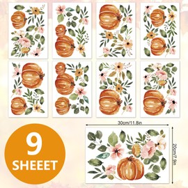 JarThenaAMCS Fall Wall Stickers Watercolor Pumpkin Floral Wall Decals Small Room Mural Stickers for Autumn Harvest Thanksgiving Home School Office Party Decor, 7.9 x 11.8 Inch, 9 Sheets