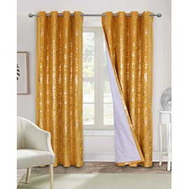 Alexandra Cole 100% Blackout Window Curtains for Bedroom Living Room Velvet Room Darkening Curtains 84 Inches Long Luxury Gold Foil Print Drapes 2 Panels Yellow