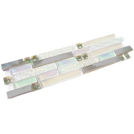 Hominter Glass Metal Tile Linear Mosaic Iridescent White Crystal Glass Chrome Metallic Interlocking Tile Stain Resistant for Kitchen Backsplash Bathroom & Shower Wall Tiles (3"x12" Sample)