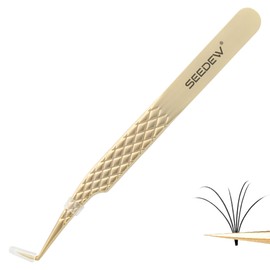 SEEDEW G11 Precision 80°Angle Tweezer, S Shape 80° 12CM, Upgraded Fiber Tip & Grid Textured Handle, Eyelash Extension Tweezer - Pointy Isolation Precision Tool for Lash Application (Steel-Golden)