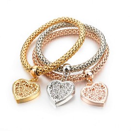 Capital Charms Three in One Stretch Charm Bracelet Set for Girls and Women - Three Tone Popcorn Chain Design (Sacred-Hearts)